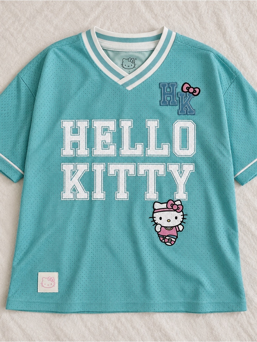 Hello Kitty Aqua Graphic Jersey Tee with Pink Accents